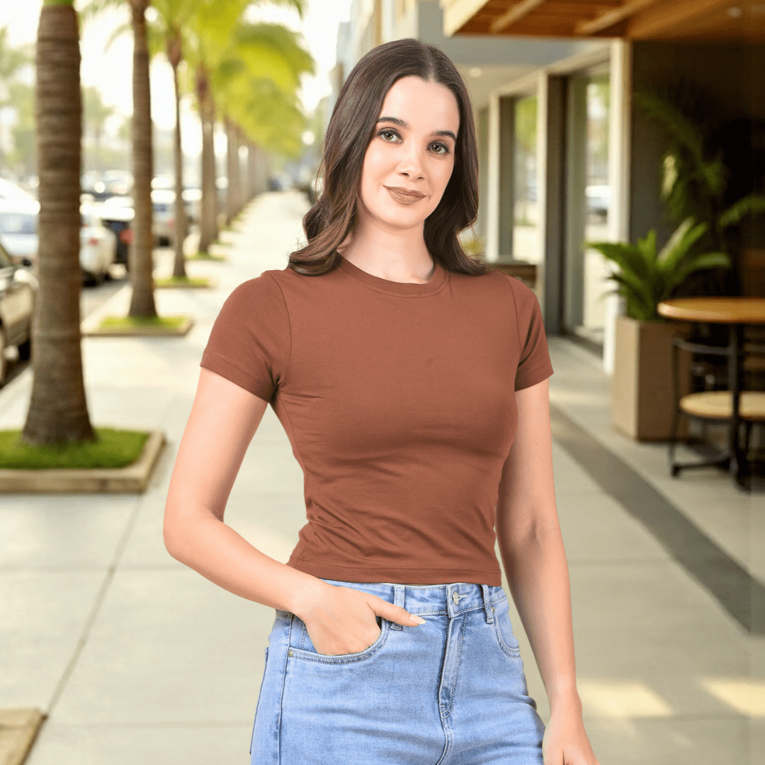 Solid Brown Slim Fit Crop Top
