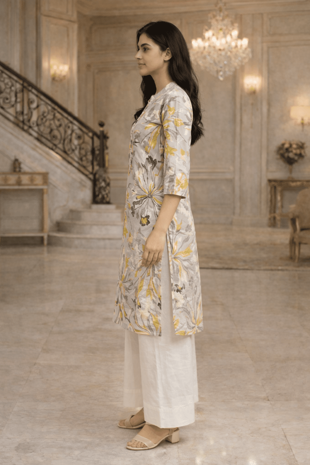 Grey & Yellow Floral Print Kurti - Image 3