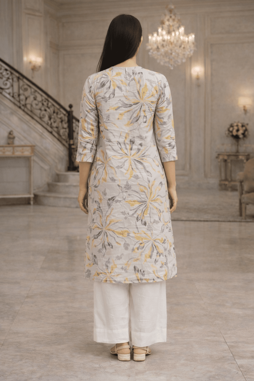 Grey & Yellow Floral Print Kurti - Image 5