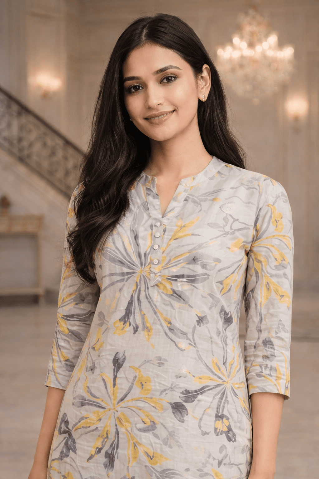 Grey & Yellow Floral Print Kurti - Image 4