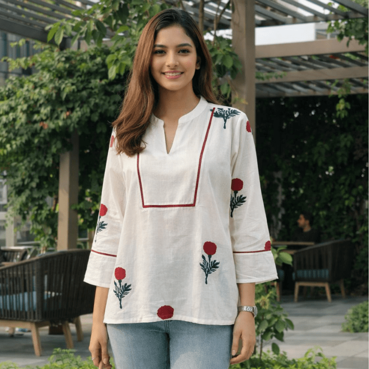 White Floral Print Top