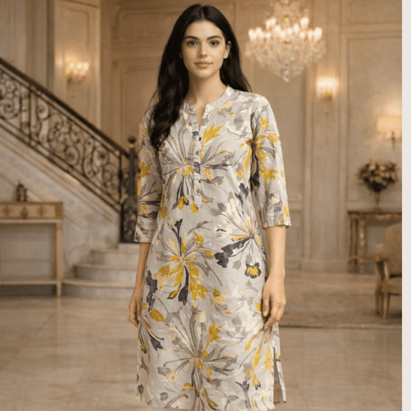 Grey & Yellow Floral Print Kurti - Image 2
