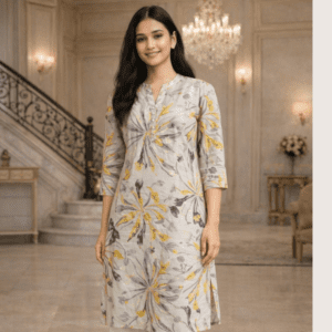Grey & Yellow Floral Print Kurti