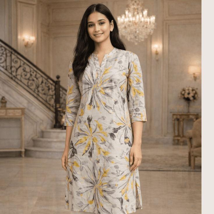Grey & Yellow Floral Print Kurti