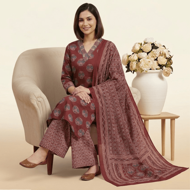 Maroon Printed Kurta Palazzo Set with Dupatta - Image 4