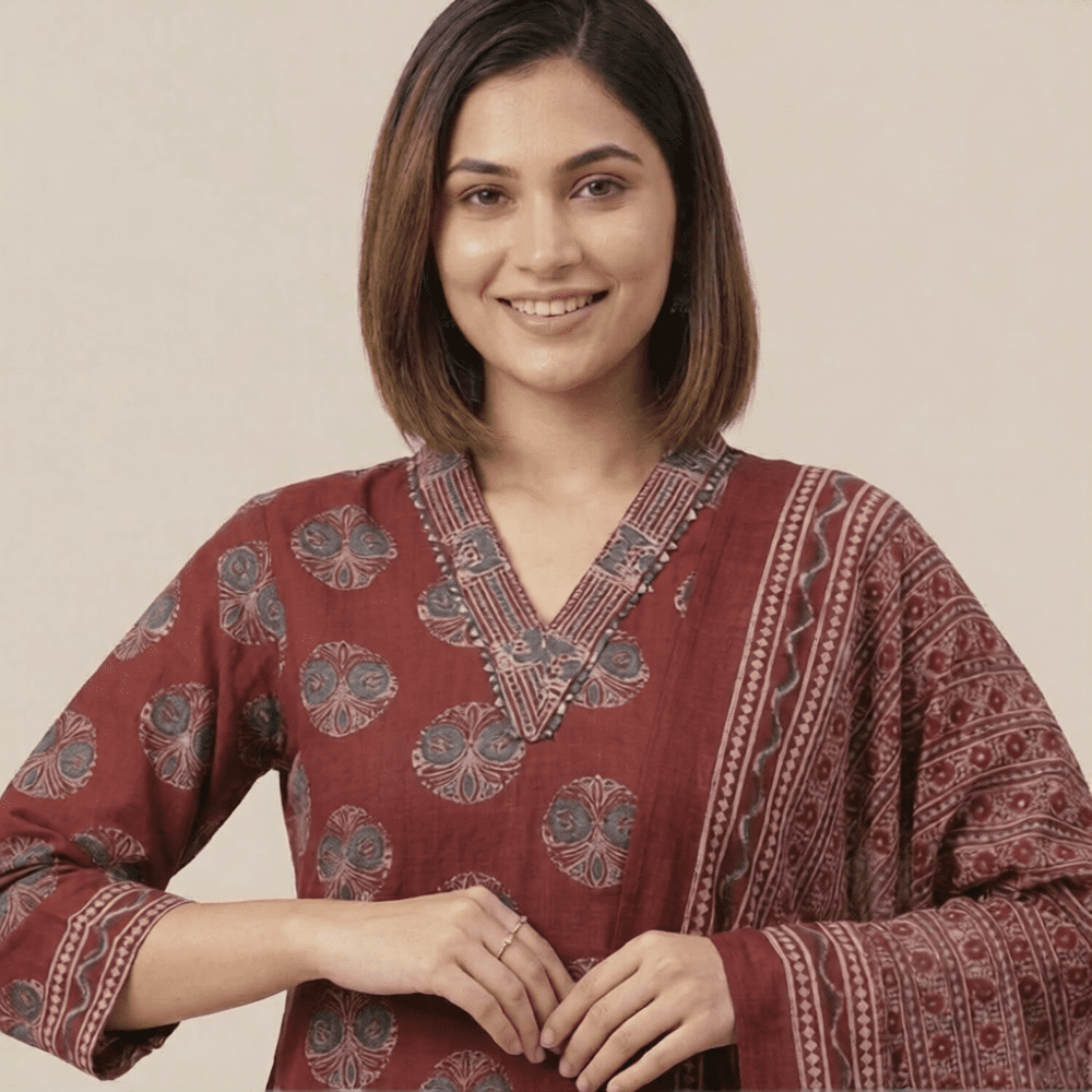 Maroon Printed Kurta Palazzo Set with Dupatta - Image 2