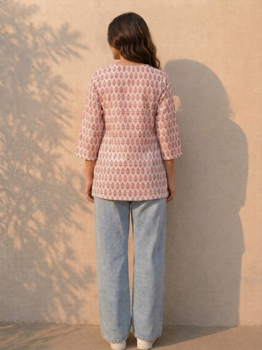 Pink Printed Cotton Kurti - Image 5