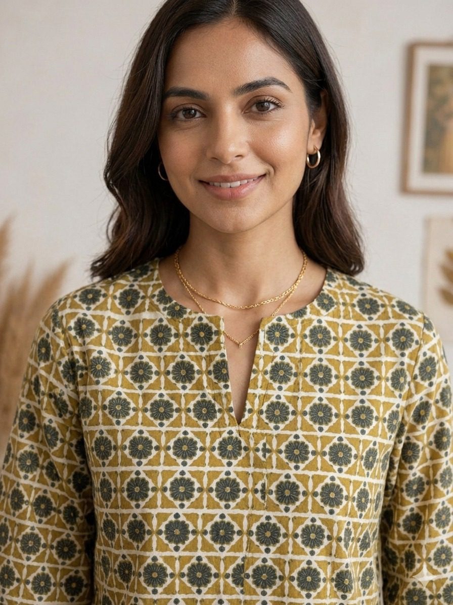 Mustard Printed Cotton Kurti - Image 5