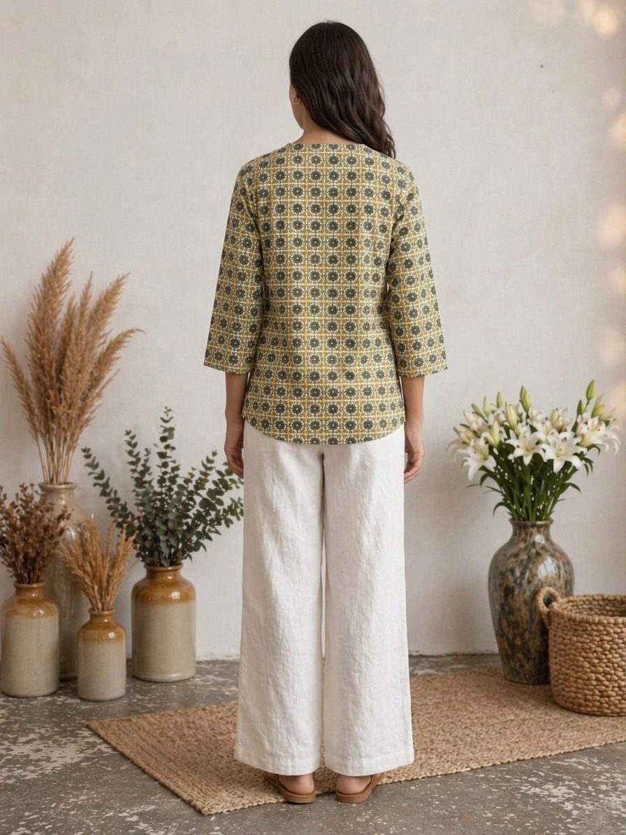 Mustard Printed Cotton Kurti - Image 4