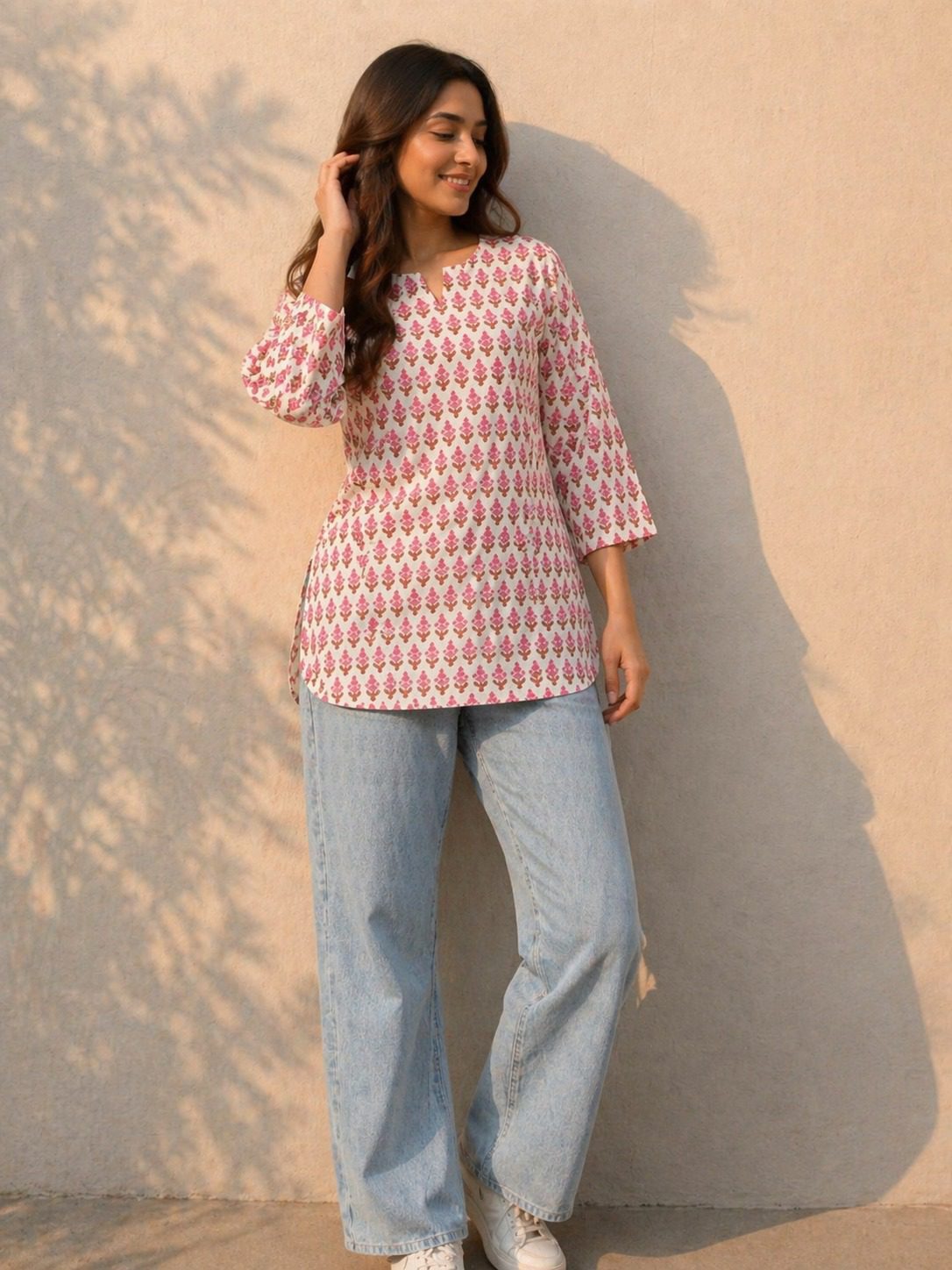 Pink Printed Cotton Kurti - Image 3