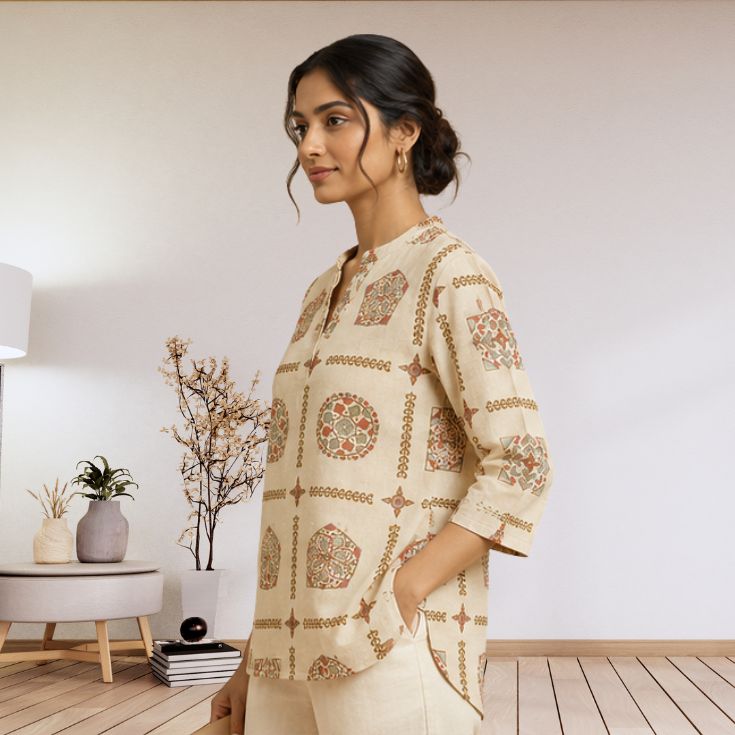 Beige Printed Casual Top - Image 3