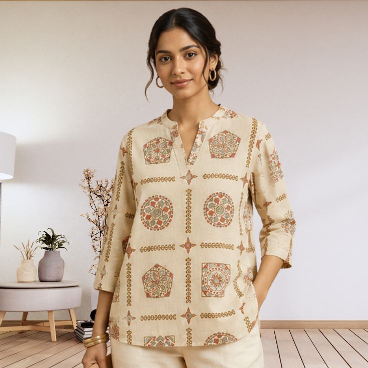 Beige Printed Casual Top